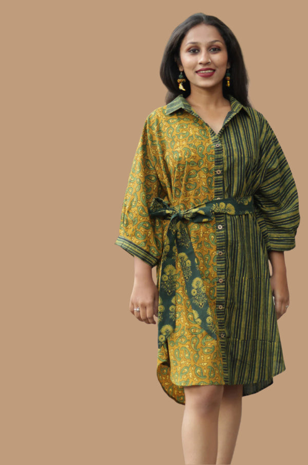 Maati | Belted Shirt Dress | Mustard Kairi & Stripes Ajrakh