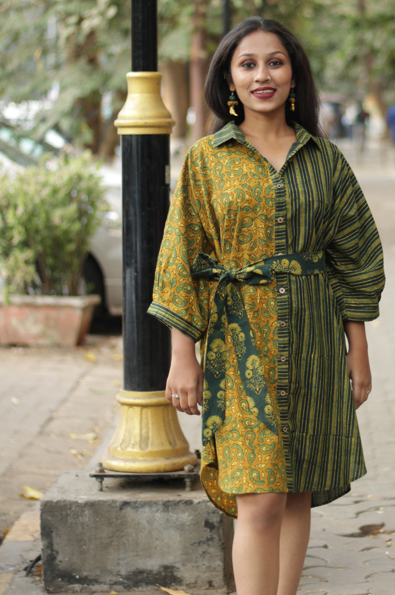 Maati | Shirt Dress | Mustard Kairi & Stripes Ajrakh