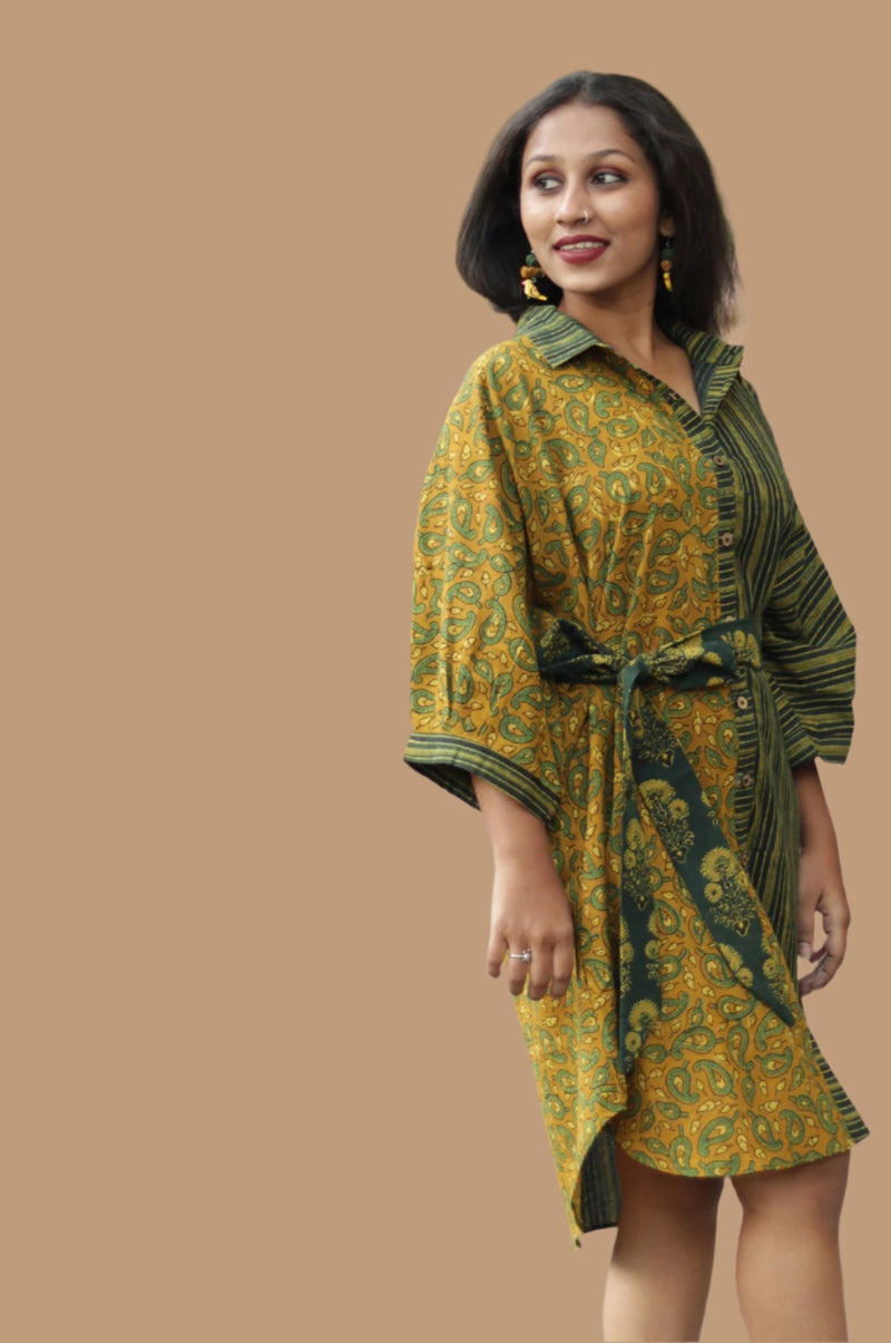 Maati | Belted Shirt Dress | Mustard Kairi & Stripes Ajrakh
