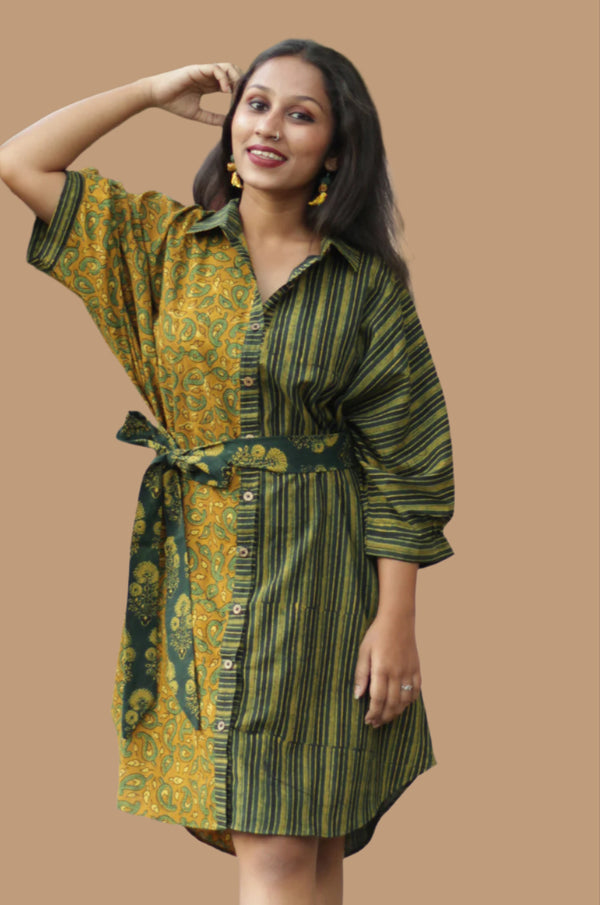 Maati | Belted Shirt Dress | Mustard Kairi & Stripes Ajrakh