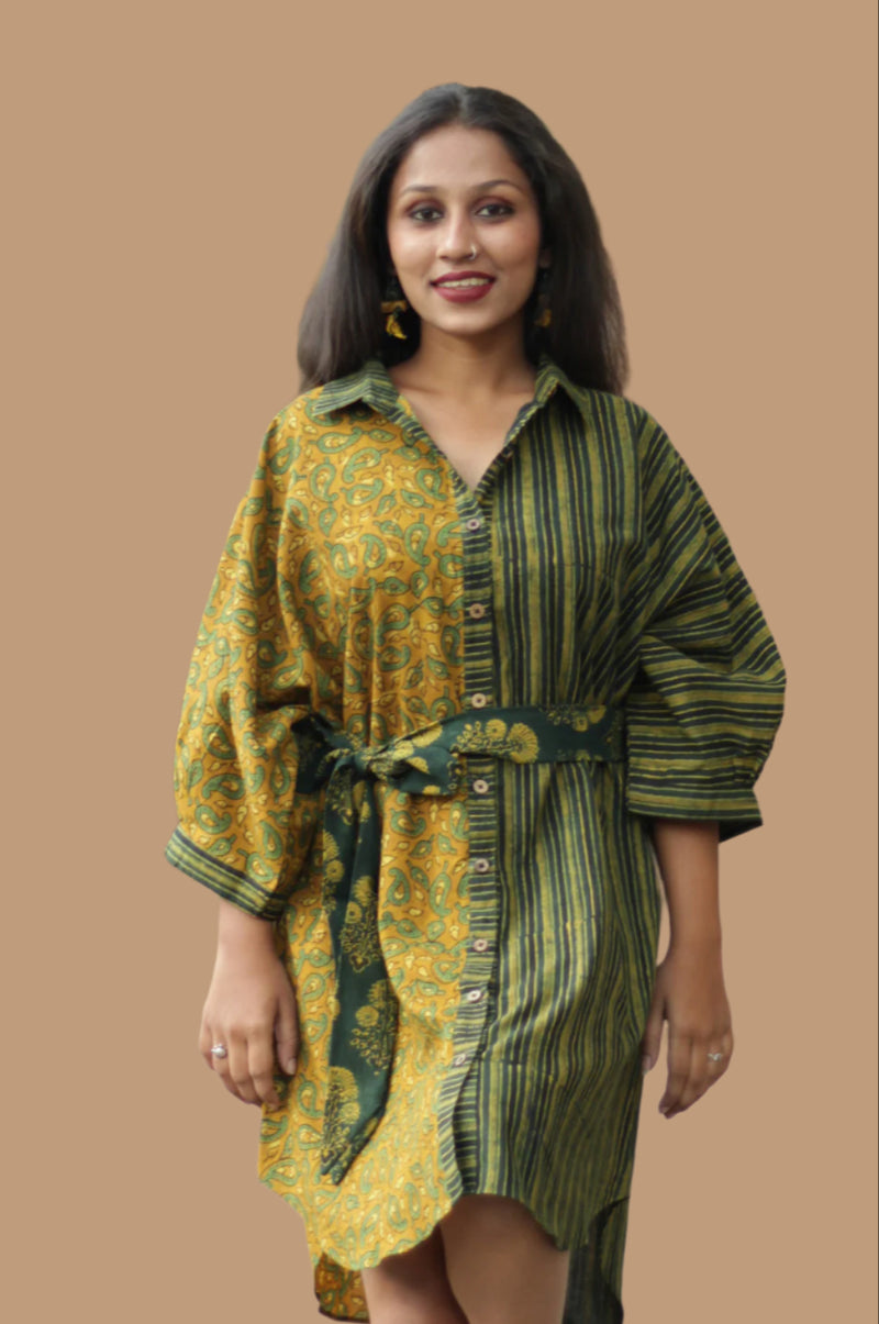Maati | Belted Shirt Dress | Mustard Kairi & Stripes Ajrakh