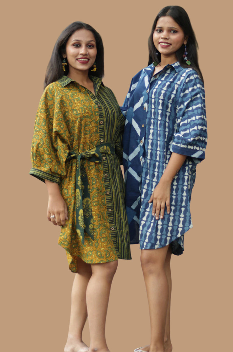 Maati | Belted Shirt Dress | Mustard Kairi & Stripes Ajrakh