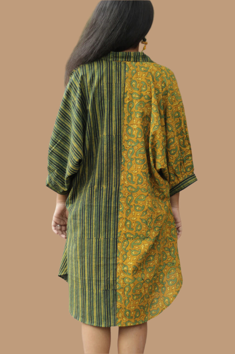 Maati | Belted Shirt Dress | Mustard Kairi & Stripes Ajrakh