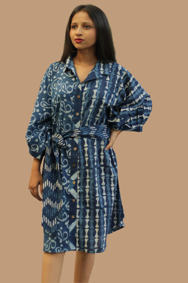Maati | Belted Shirt Dress | Indigo Kairi