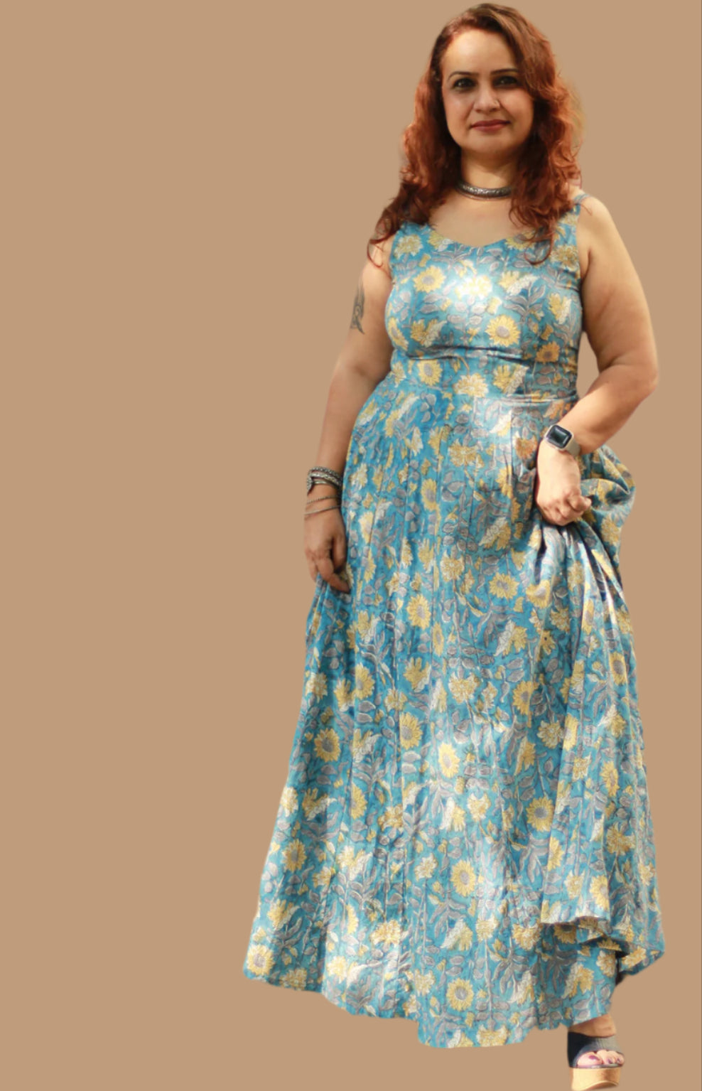 Tarangini | Long  Kali Dress | Blue & Yellow Florals Sanganeri
