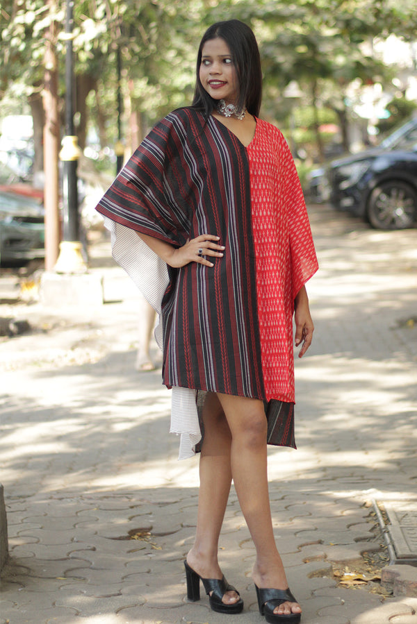Aasmi | Hi-Lo Kaftan Dress  | Black & Red Striped South Cotton & Ikkat