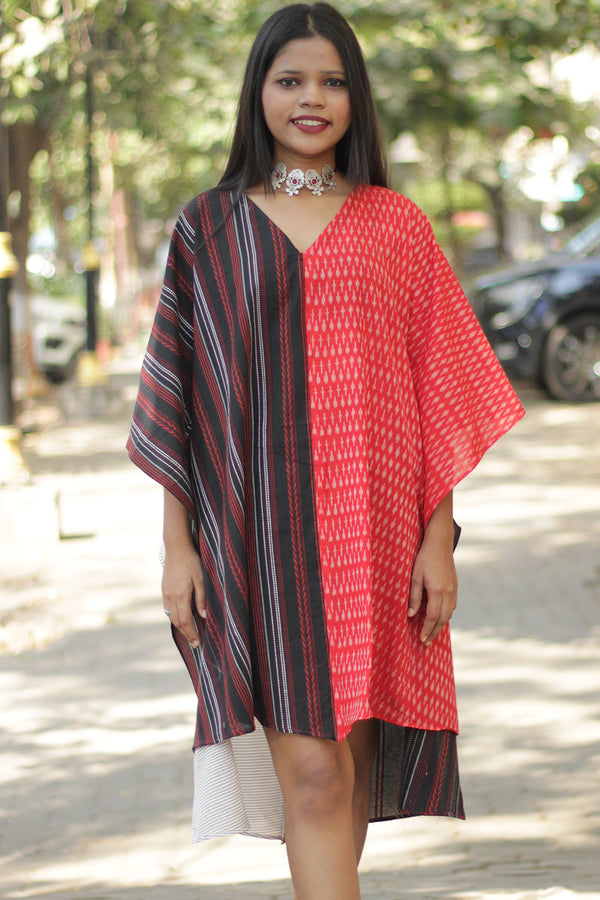 Aasmi | Hi-Lo Kaftan Dress  | Black & Red Striped South Cotton & Ikkat