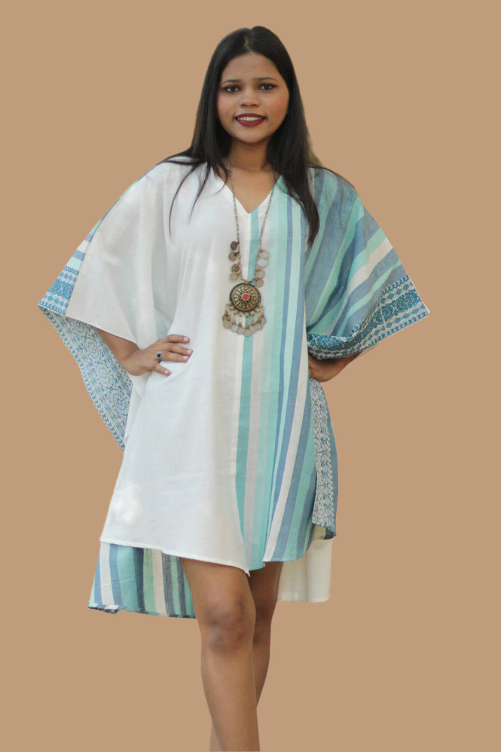 Aasmi | Hi-Lo Kaftan Dress | Aqua Stripes