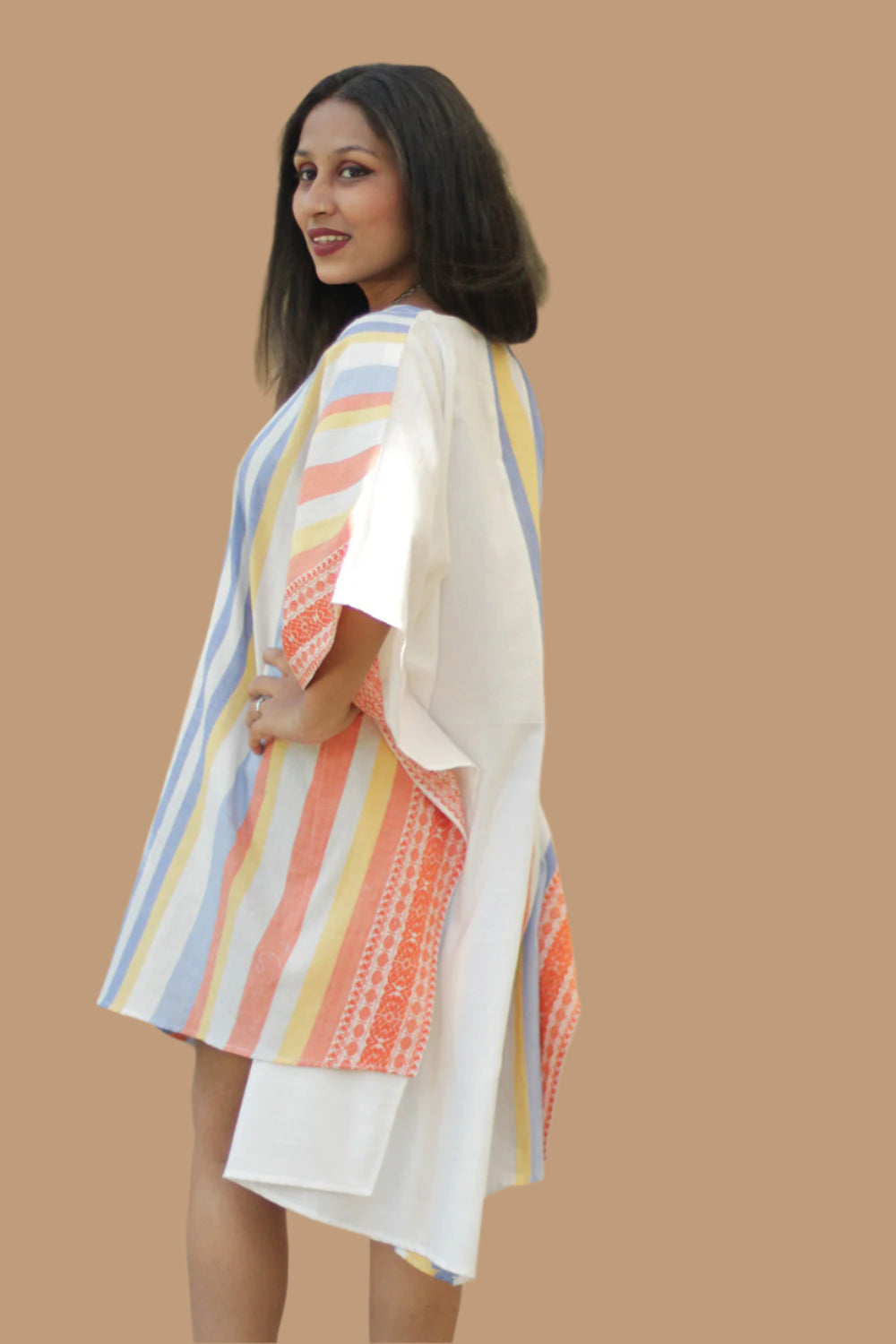 Aasmi | Hi-Lo Kaftan Dress | Orange & Cerulean Stripes