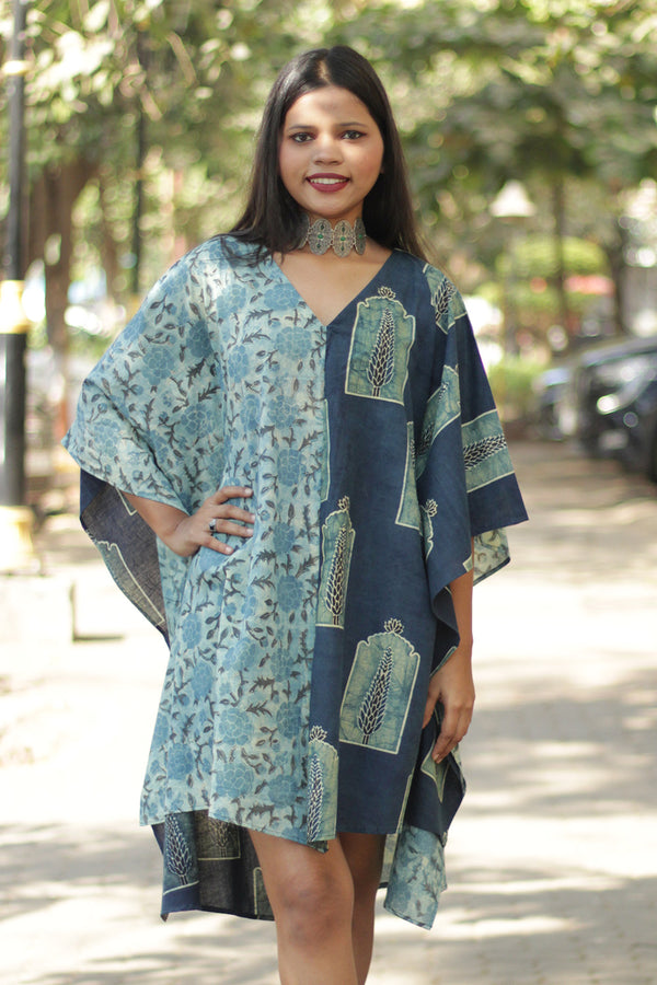 Aasmi | Hi-Lo Kaftan Dress  | Teal Ajrakh & Rose Vanaspati