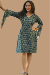 Tulip | Bell Sleeved Dress | Sea Green Prakriti Ajrakh