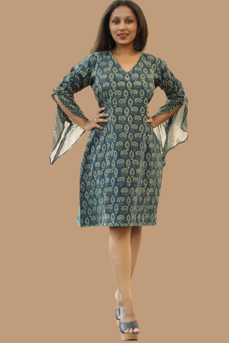 Tulip | Bell Sleeved Dress | Sea Green Prakriti Ajrakh