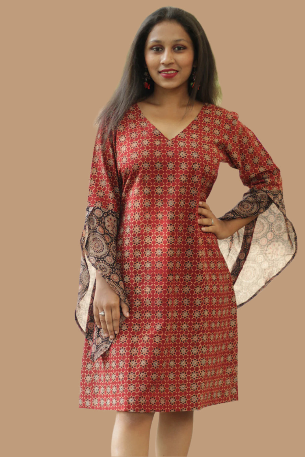 Tulip | Bell Sleeved Dress | Red Trellis Ajrakh
