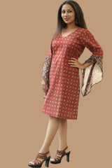 Tulip | Bell Sleeved Dress | Red Trellis Ajrakh