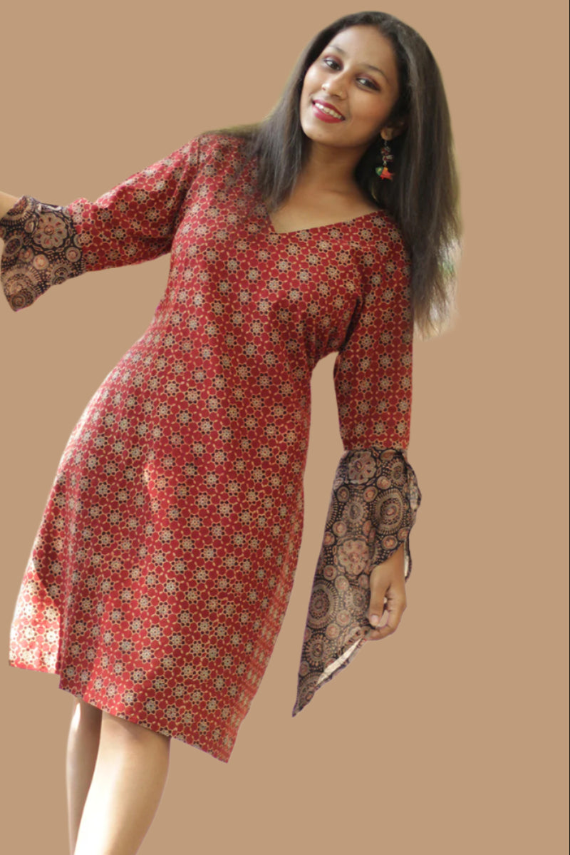 Tulip | Bell Sleeved Dress | Red Trellis Ajrakh