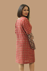 Tulip | Bell Sleeved Dress | Red Trellis Ajrakh