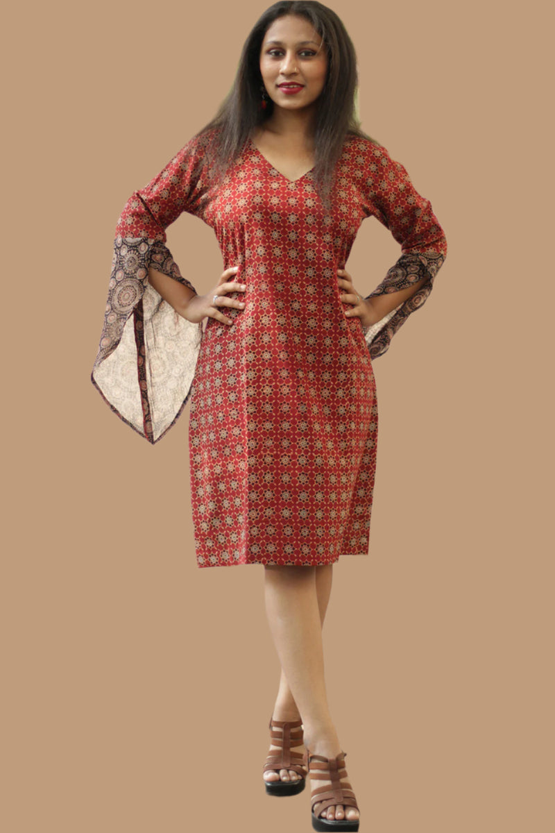 Tulip | Bell Sleeved Dress | Red Trellis Ajrakh