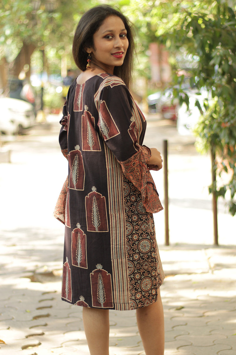 Tulip | Bell Sleeved Dress | Noir Pine Ajrakh