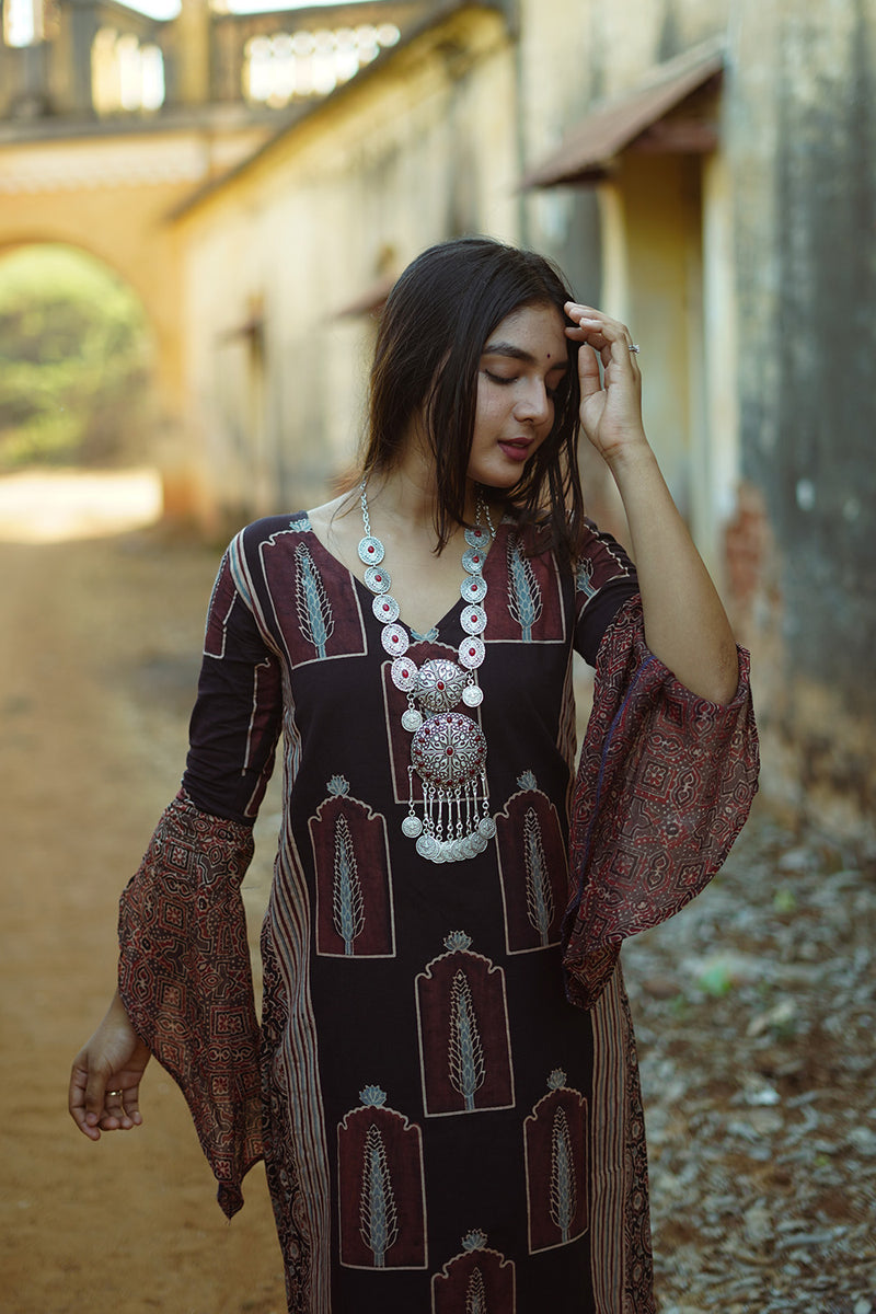 Tulip | Bell Sleeved Dress | Noir Pine Ajrakh