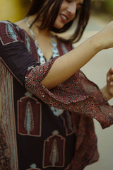 Tulip | Bell Sleeved Dress | Noir Pine Ajrakh