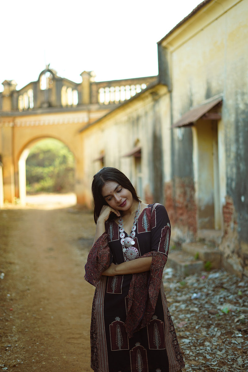 Tulip | Bell Sleeved Dress | Noir Pine Ajrakh