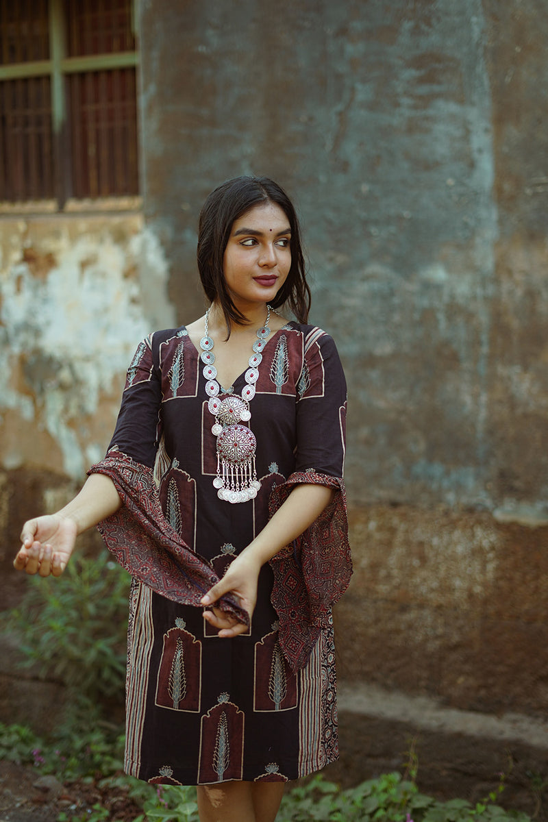 Tulip | Bell Sleeved Dress | Noir Pine Ajrakh