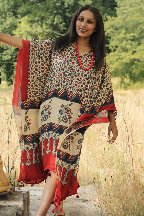 Sitaara| Modal Kaftan  | Red & Blue Geometric Florals Ajrakh