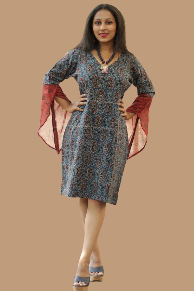 Tulip | Bell Sleeved Dress | Indigo Kairi Ajrakh