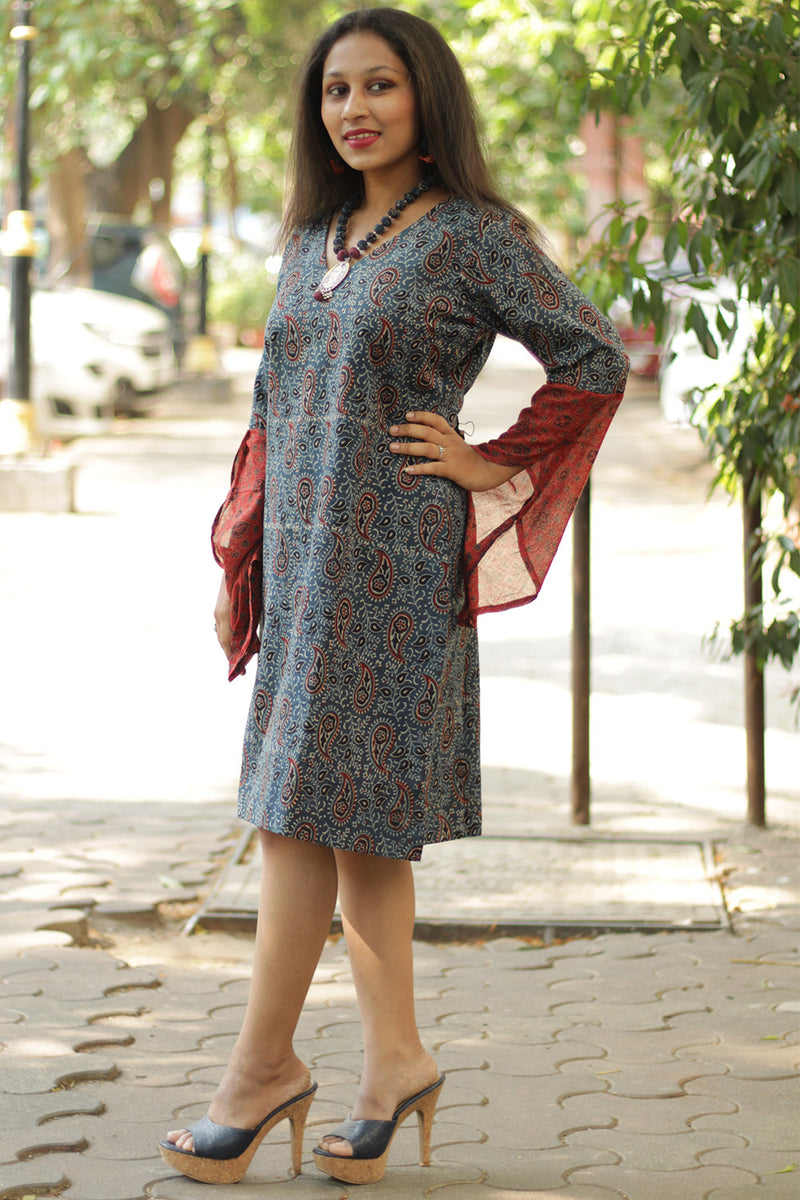 Tulip | Bell Sleeved Dress | Indigo Kairi Ajrakh