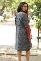 Tulip | Bell Sleeved Dress | Indigo Kairi Ajrakh
