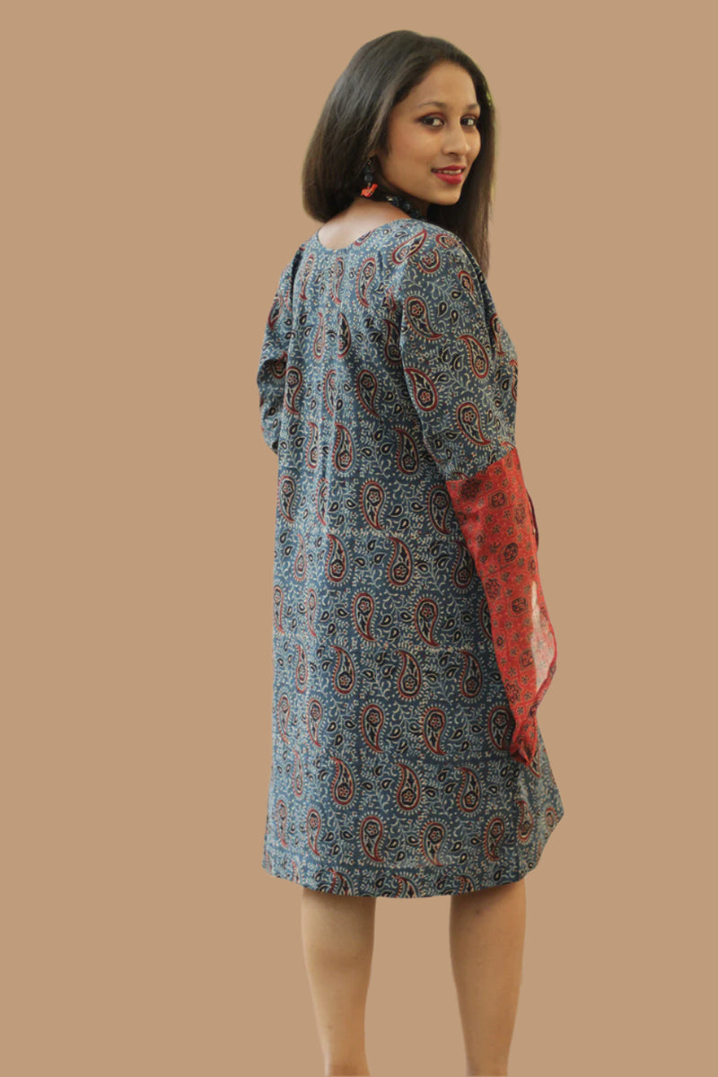 Tulip | Bell Sleeved Dress | Indigo Kairi Ajrakh