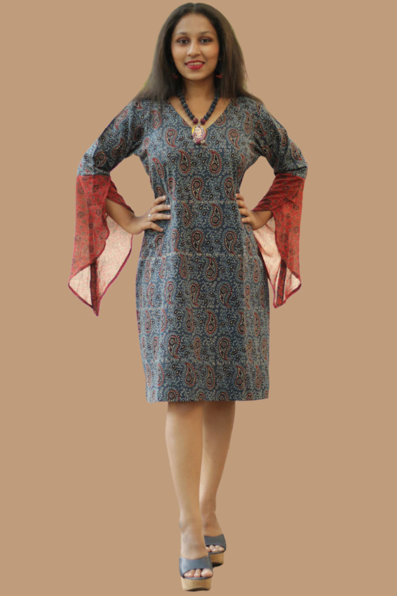 Tulip | Bell Sleeved Dress | Indigo Kairi Ajrakh