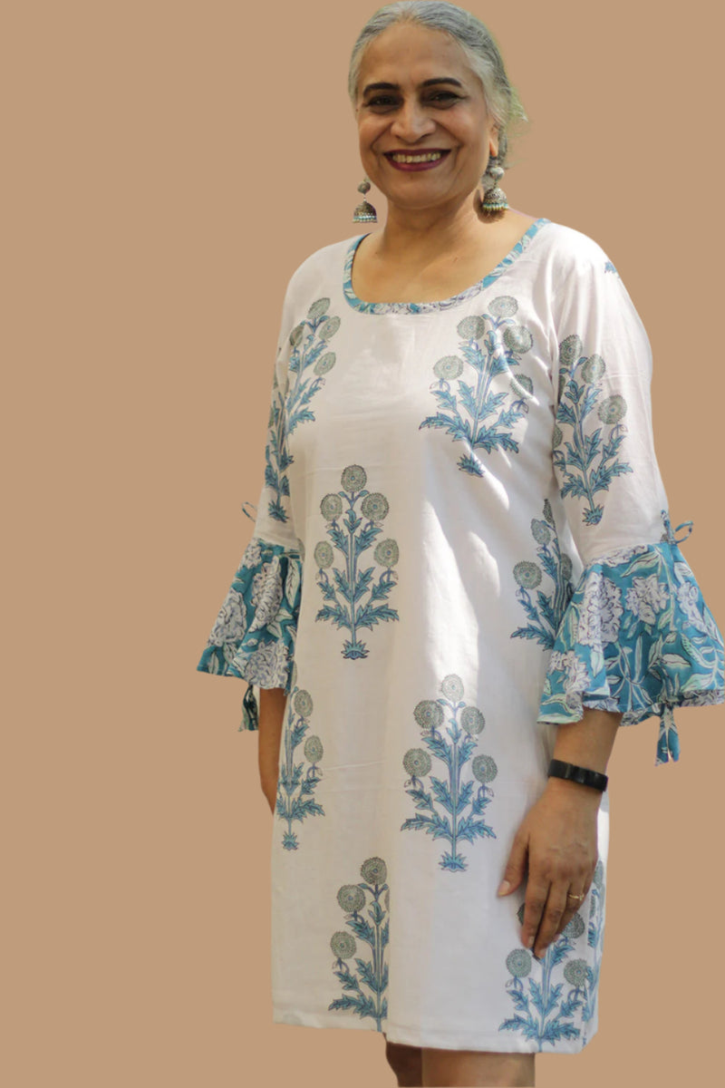 Sayali | Short Dress | Teal Blooms Sanganeri