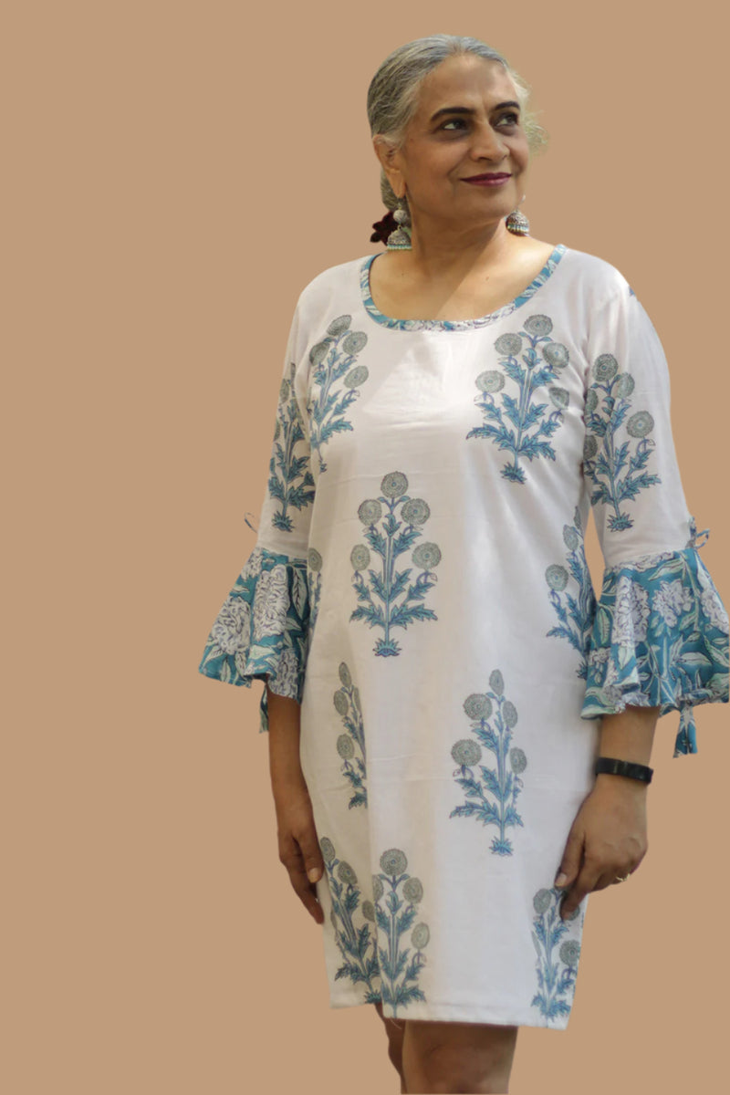 Sayali | Short Dress | Teal Blooms Sanganeri