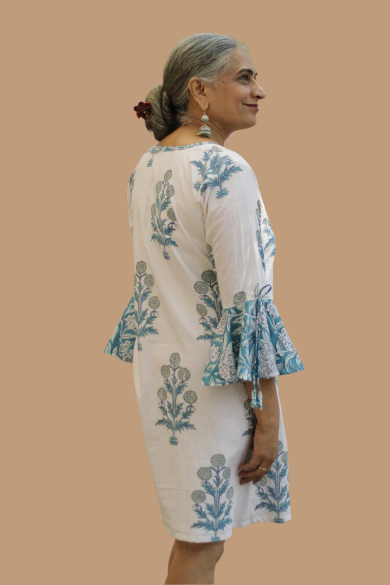 Sayali | Short Dress | Teal Blooms Sanganeri