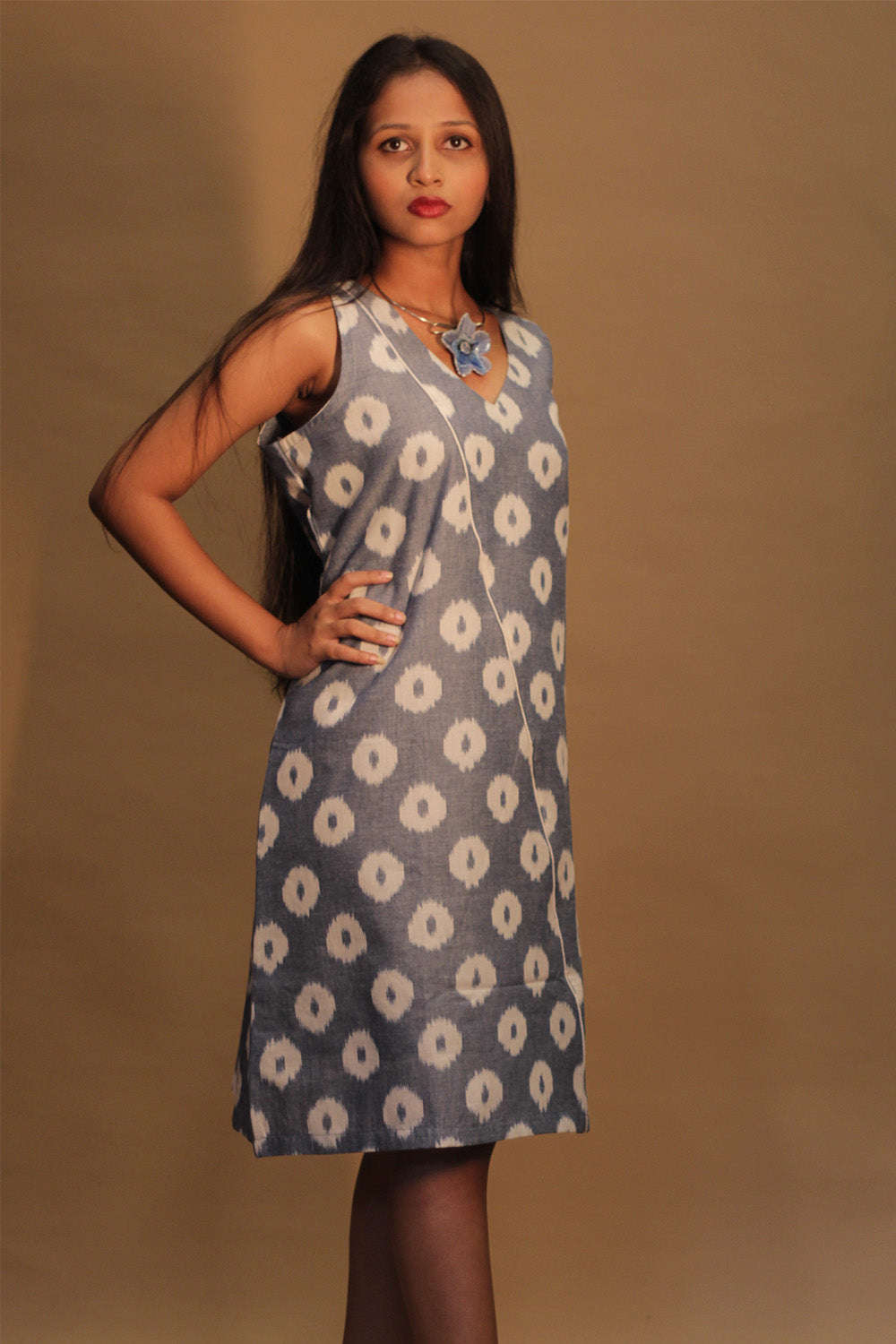 Amaira | Sleeveless Short Dress | Blue Ikkat