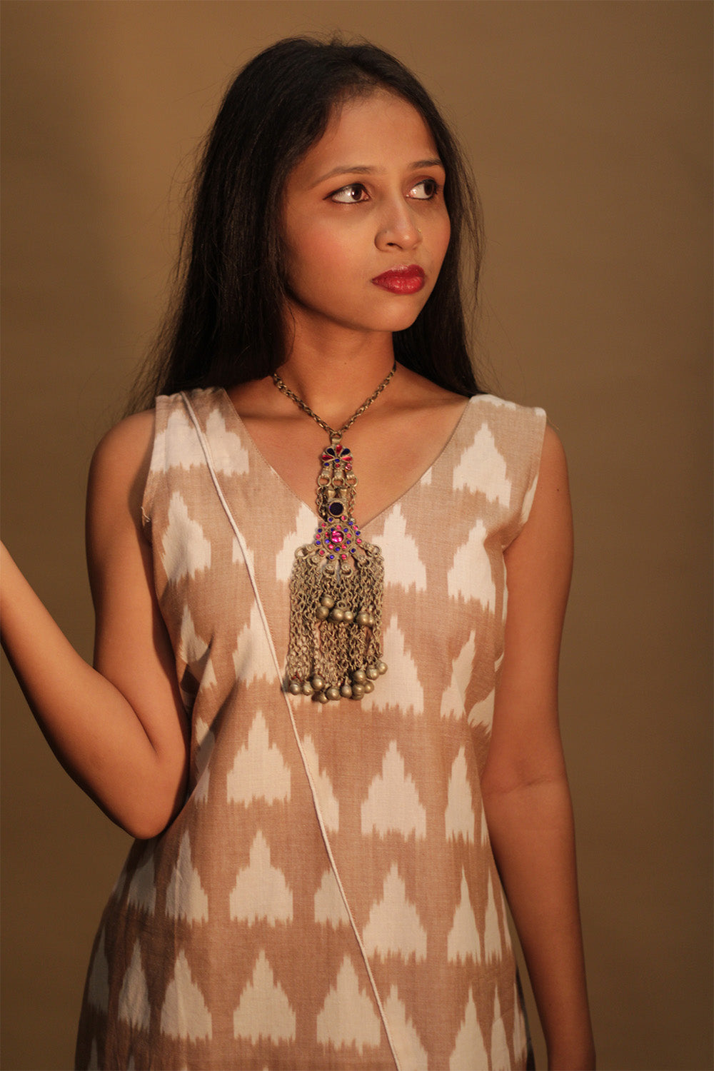 Amaira | Sleeveless Short Dress | Cinnamon Brown Ikkat