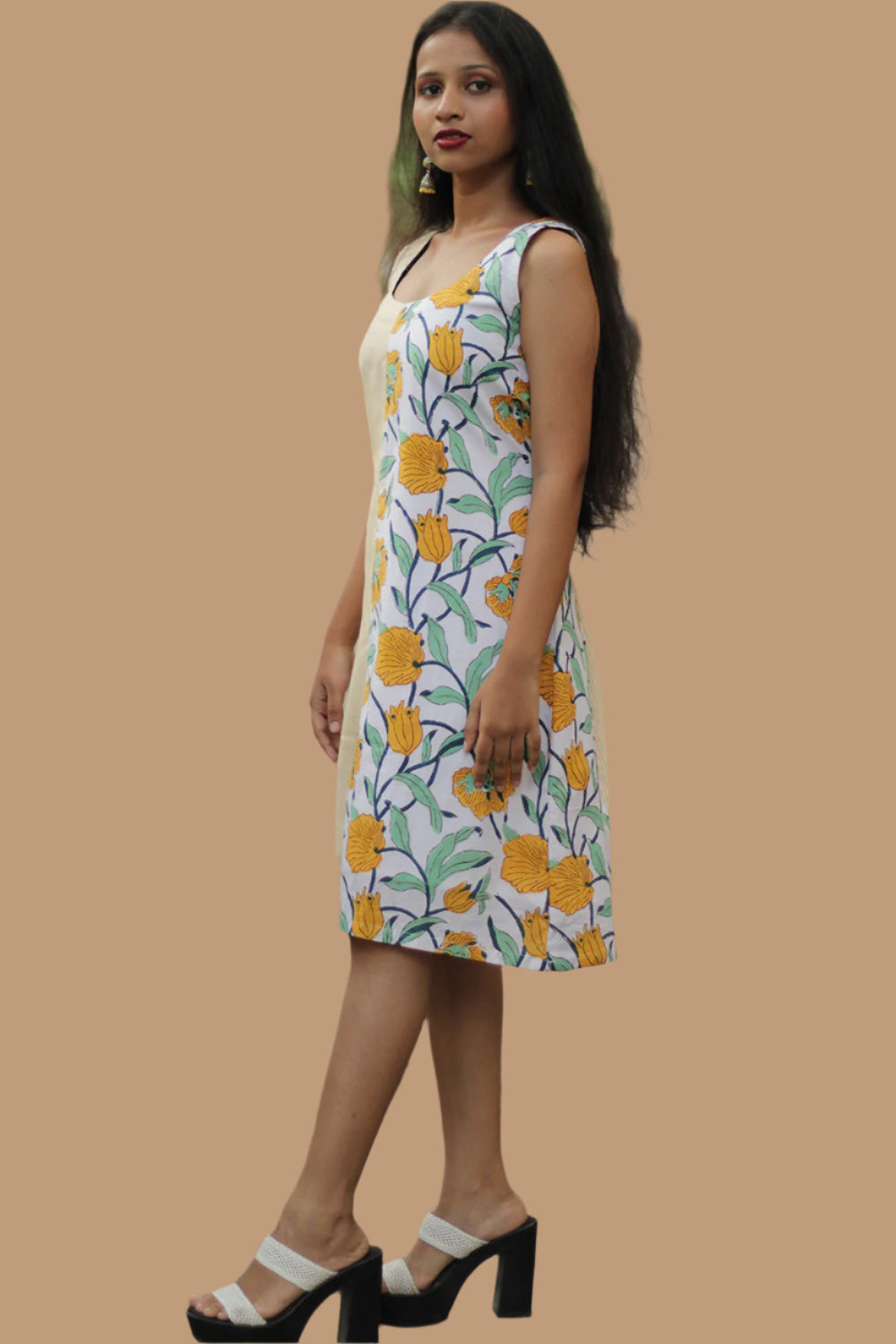 Anaya | Short Dress | Sanganeri  Green & Yellow floral