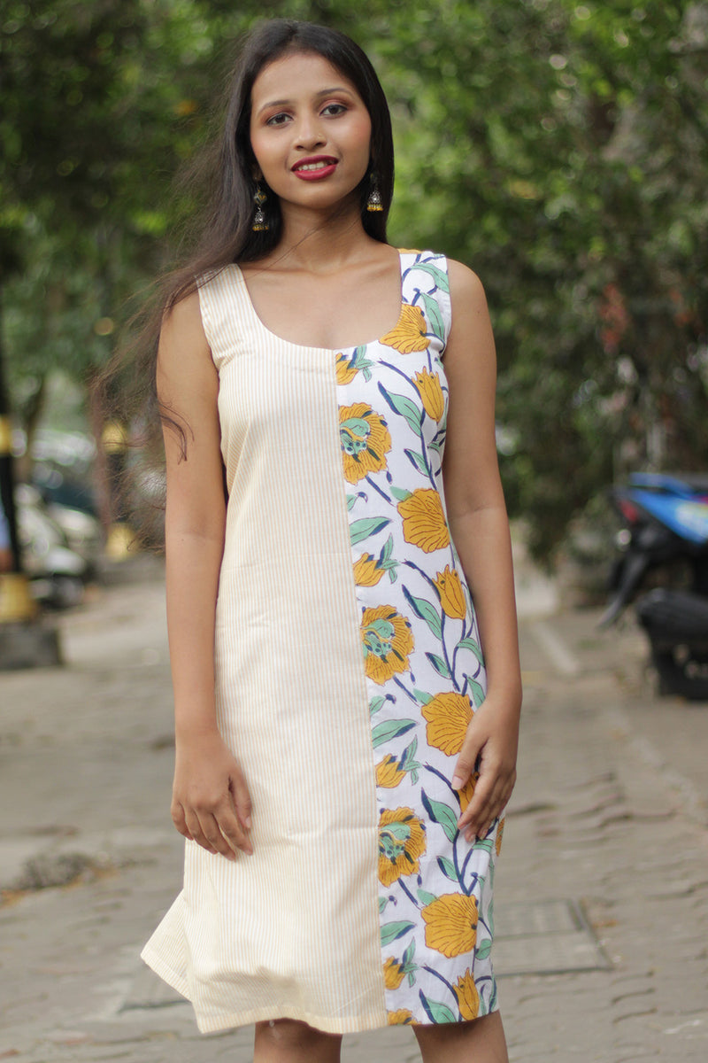 Anaya | Short Dress | Sanganeri  Green & Yellow floral