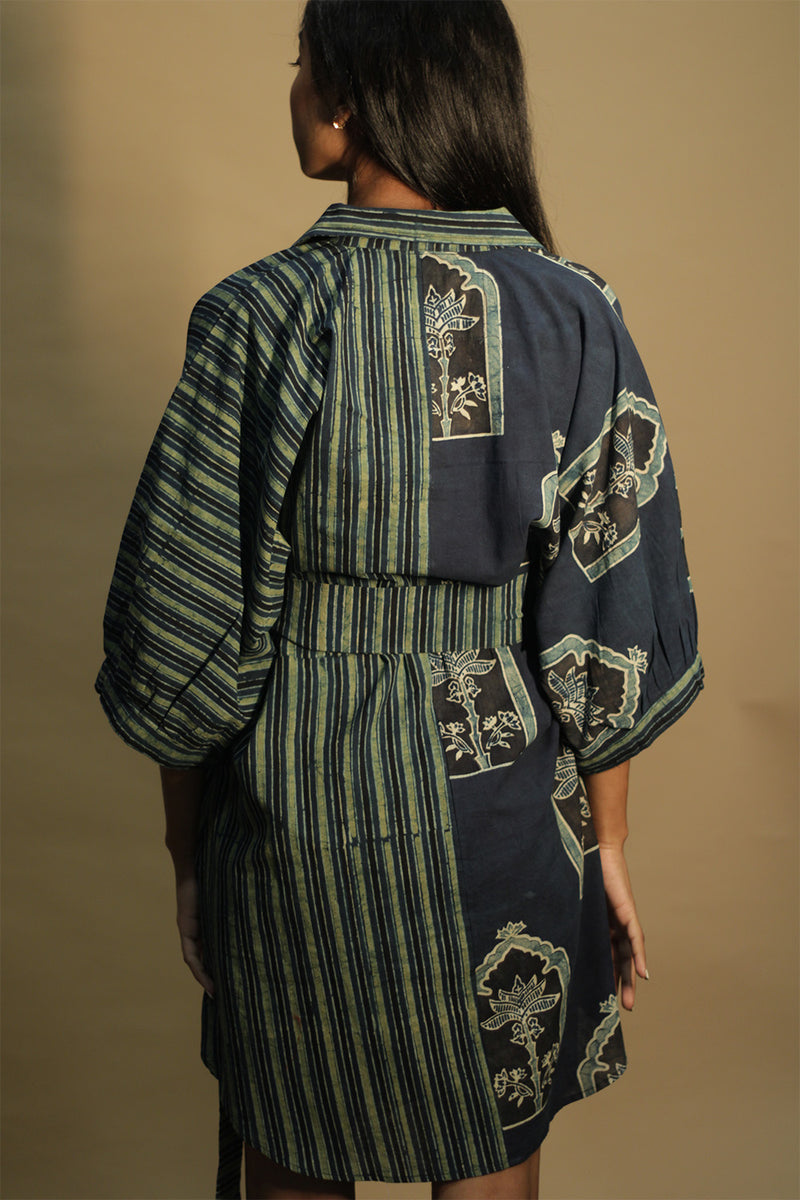 Maati | Belted Shirt Dress | Sea green Jharokha & Stripes Ajrakh