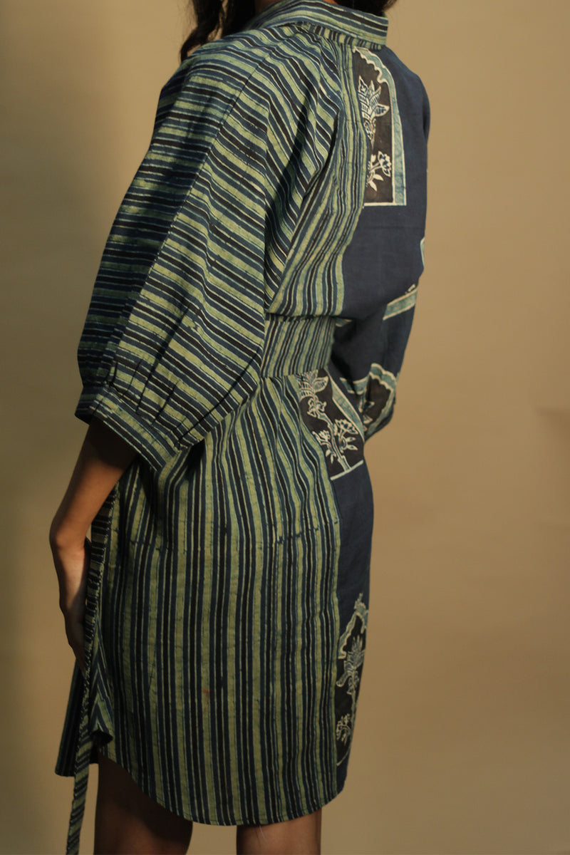 Maati | Belted Shirt Dress | Sea green Jharokha & Stripes Ajrakh