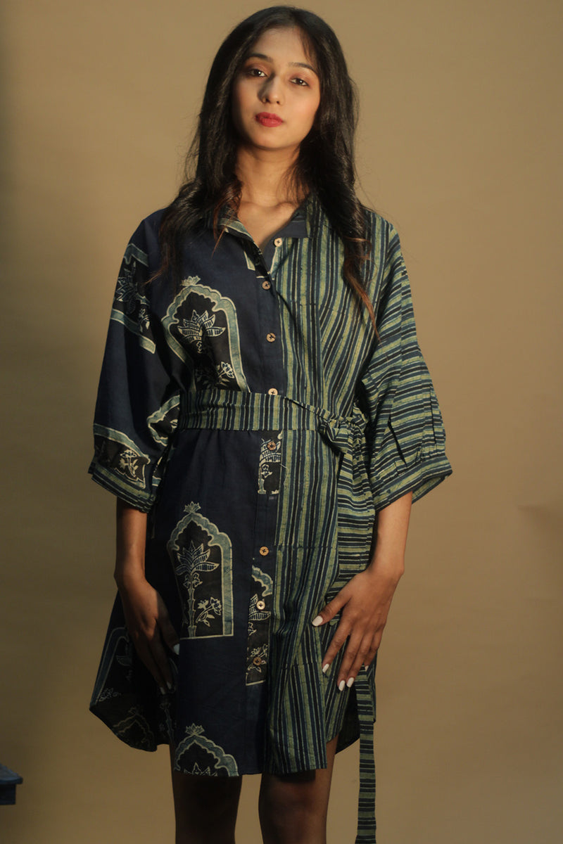 Maati | Belted Shirt Dress | Sea green Jharokha & Stripes Ajrakh