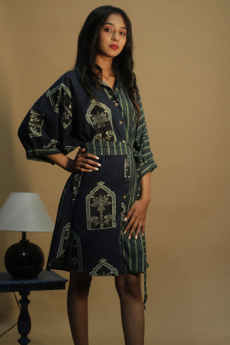 Maati | Belted Shirt Dress | Sea green Jharokha & Stripes Ajrakh