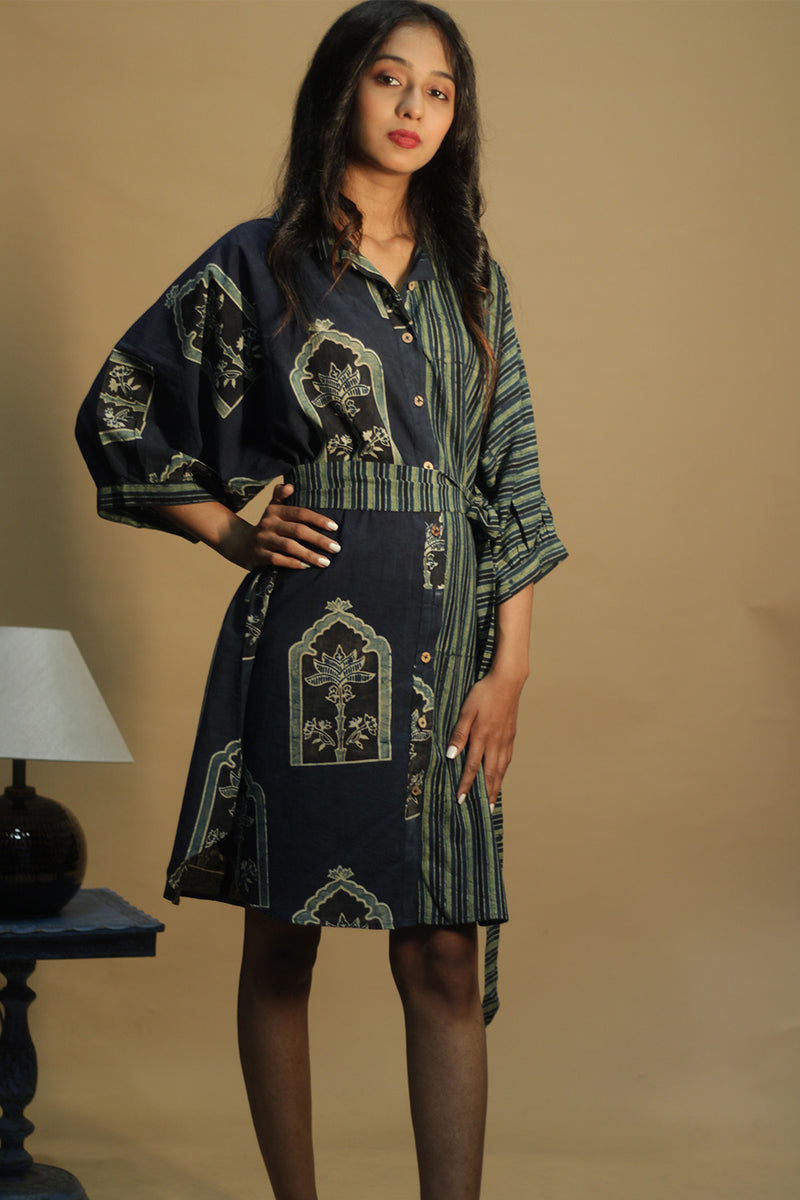 Maati | Belted Shirt Dress | Sea green Jharokha & Stripes Ajrakh