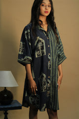Maati | Belted Shirt Dress | Sea green Jharokha & Stripes Ajrakh