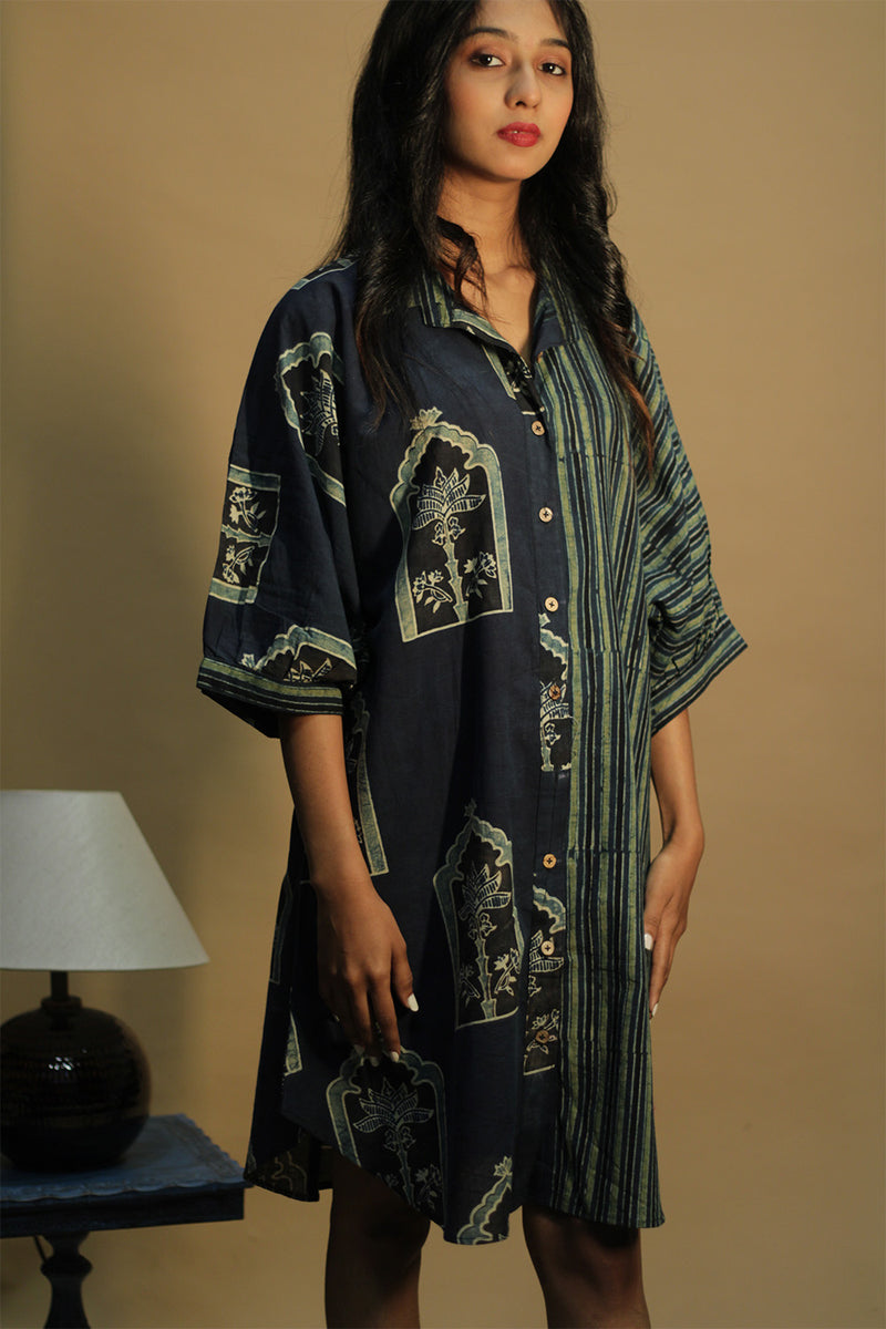 Maati | Belted Shirt Dress | Sea green Jharokha & Stripes Ajrakh