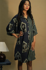 Maati | Belted Shirt Dress | Sea green Jharokha & Stripes Ajrakh