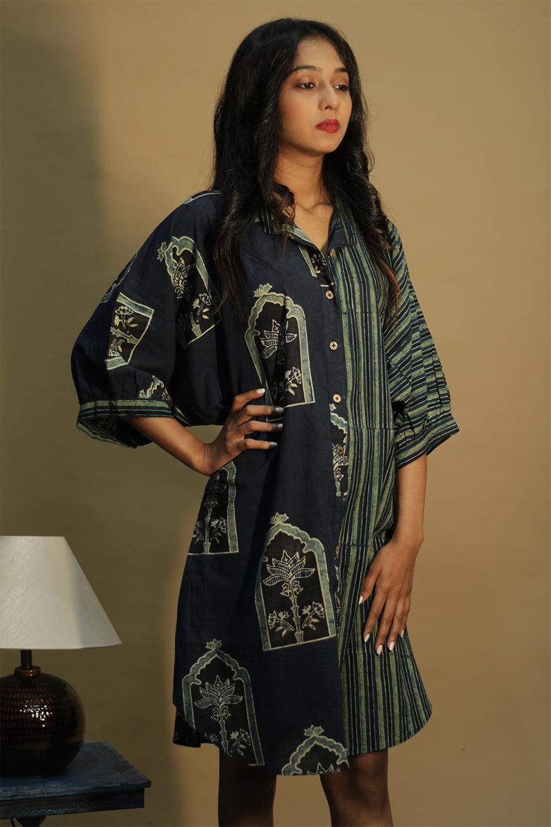 Maati | Belted Shirt Dress | Sea green Jharokha & Stripes Ajrakh