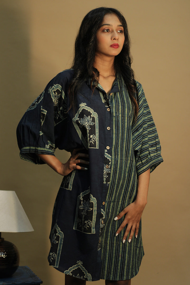 Maati | Belted Shirt Dress | Sea green Jharokha & Stripes Ajrakh