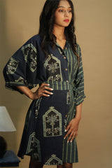 Maati | Belted Shirt Dress | Sea green Jharokha & Stripes Ajrakh